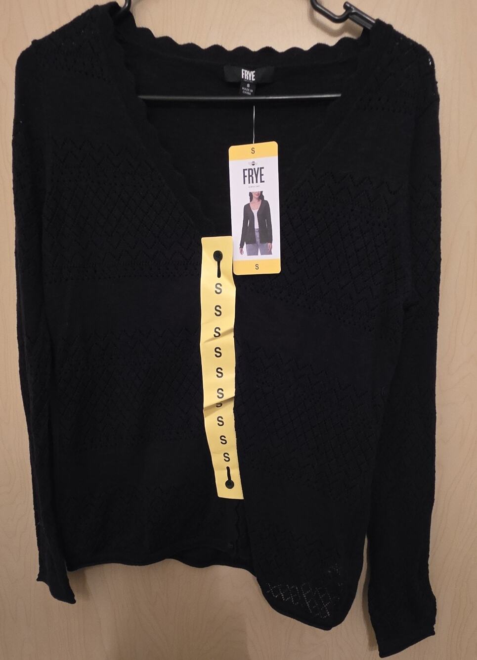 Frye Women's Pointelle Cardigan Black Beauty Small Cotton NWT